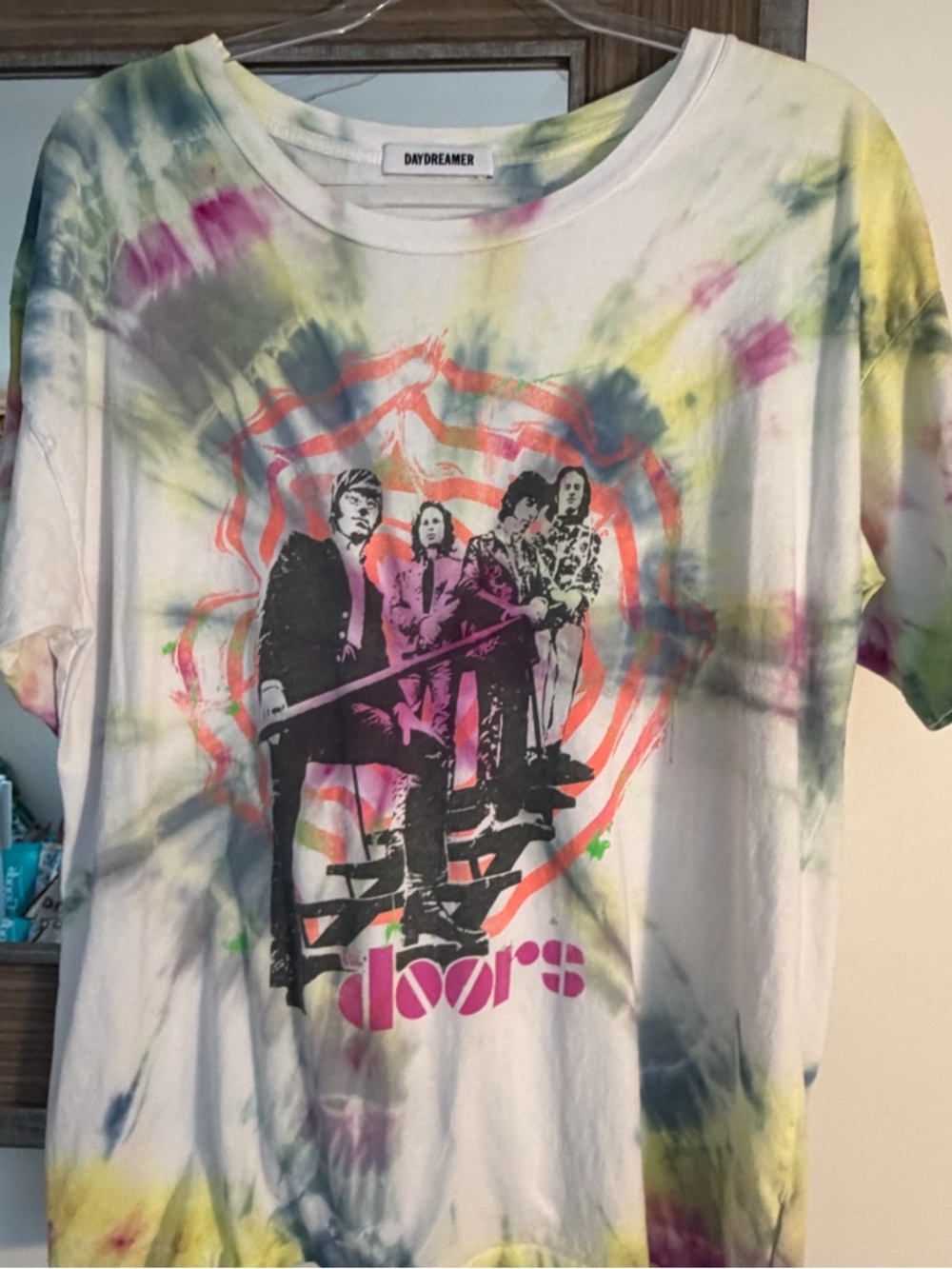 Daydreamer The Doors Tie-Dye Tee in White, Pink, Yellow, Green, Blue